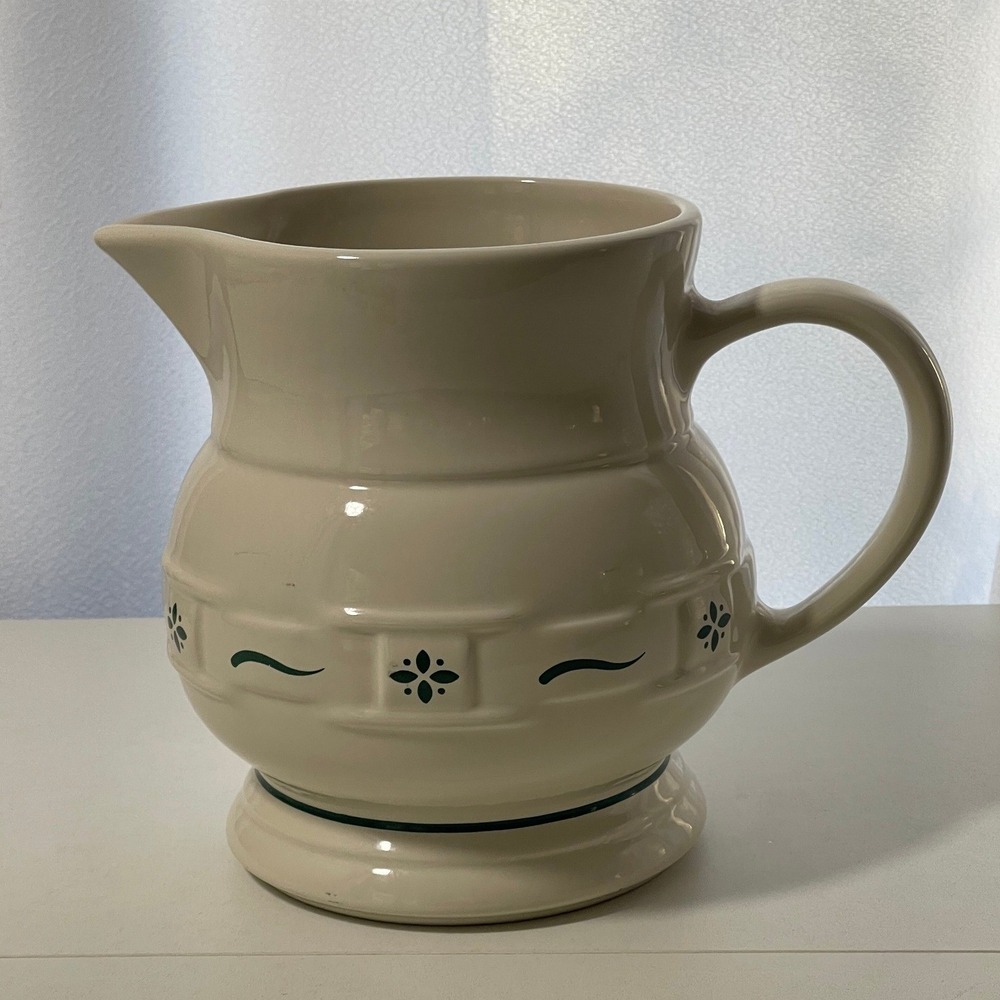Longaberger Pottery Woven Tradition Heritage Green Cream Pitcher Made in‎ USA